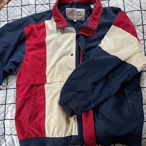 Red and White Windbreaker Jacket with Color-Block Design
